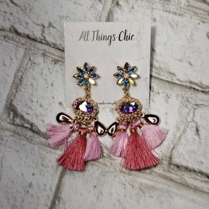 Iridescent stone with pink tassel earrings